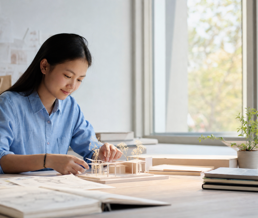 学生在窗边制作建筑模型，探索自己的兴趣方向